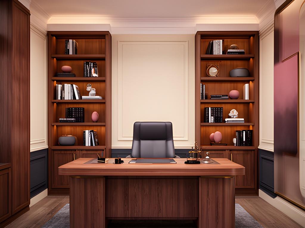 Interior elegante de un despacho legal con estanterías, mesa de trabajo y luz cálida en una oficina profesional