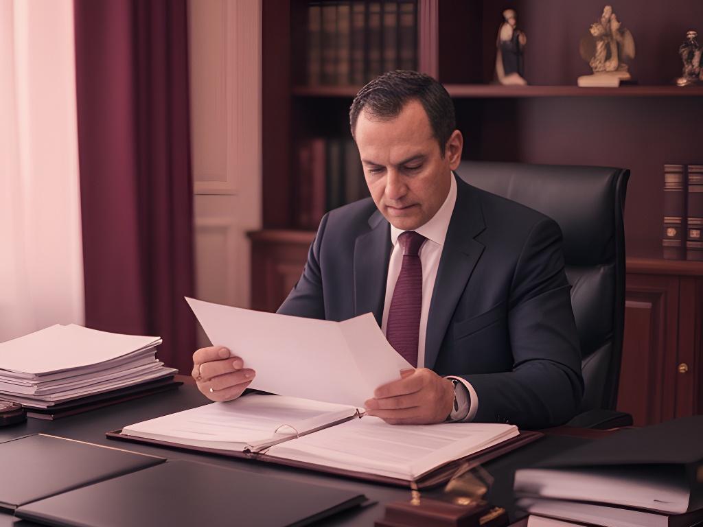 Abogada revisando documentos en un despacho elegante de Madrid con luz cálida y estanterías ordenadas
