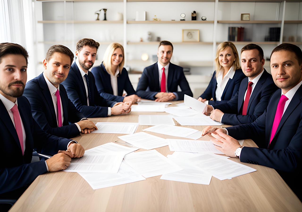 Equipo de abogados reunido en una sala luminosa de Madrid, revisando documentación sobre una mesa de madera