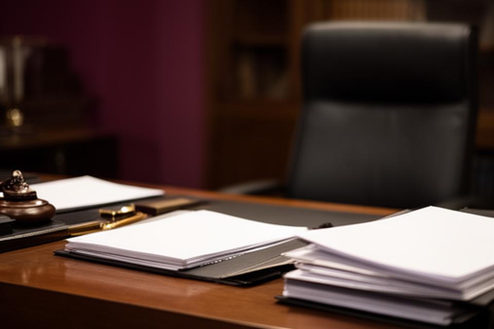 Despacho jurídico en Madrid con mesa ordenada, documentos y luz cálida de trabajo