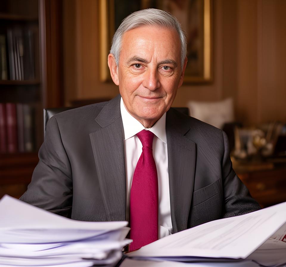 Abogado veterano en despacho elegante de Madrid, mirando documentos con gesto sereno y profesional