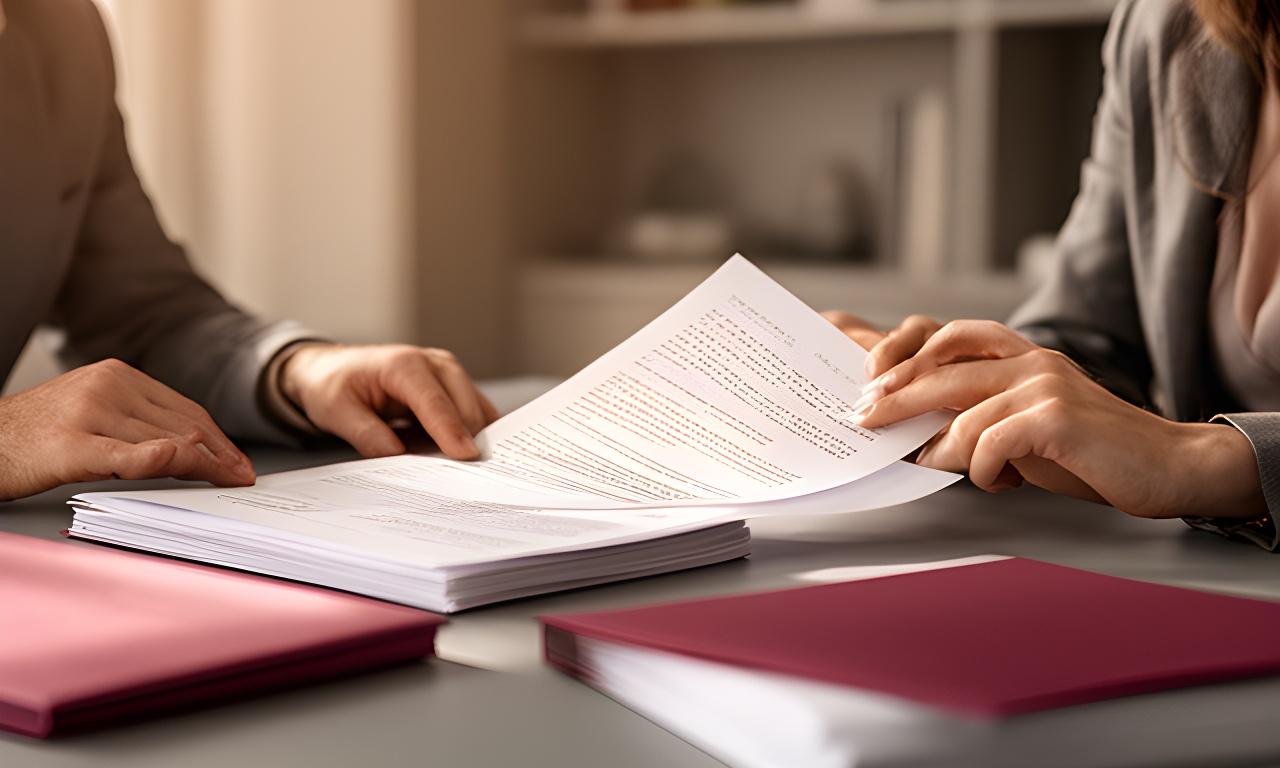 Abogada y cliente revisando documentos legales sobre una mesa en una sala sobria con luz natural